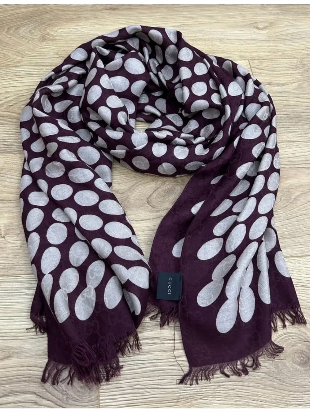Gucci Plum and Light Gray Polka Dot Silk Scarf